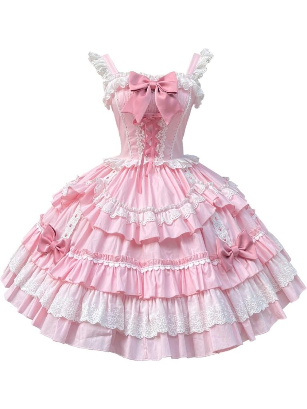 Charming Pink Layered Ruffle Dress with White Lace Trim & Bows - Sweet Lolita